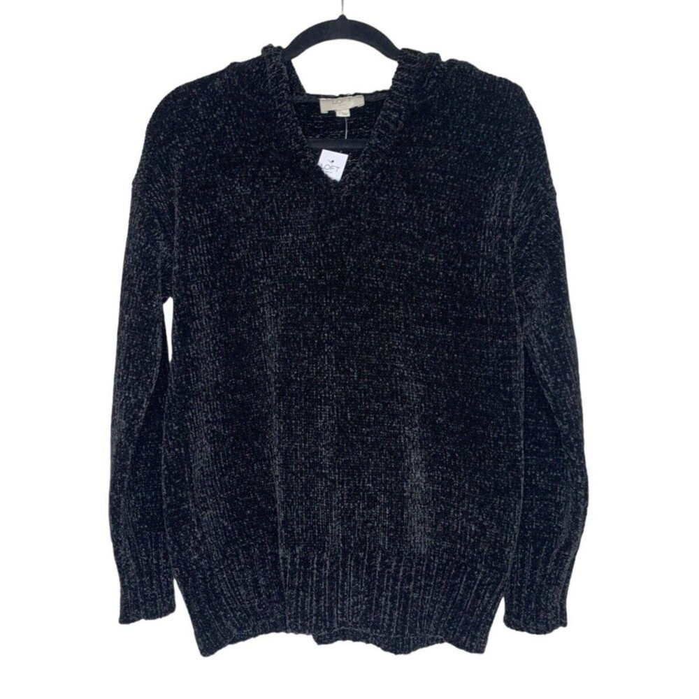 The Loft Women's Sweater With Hoodie Plush V Neck Black Size Small NWT
